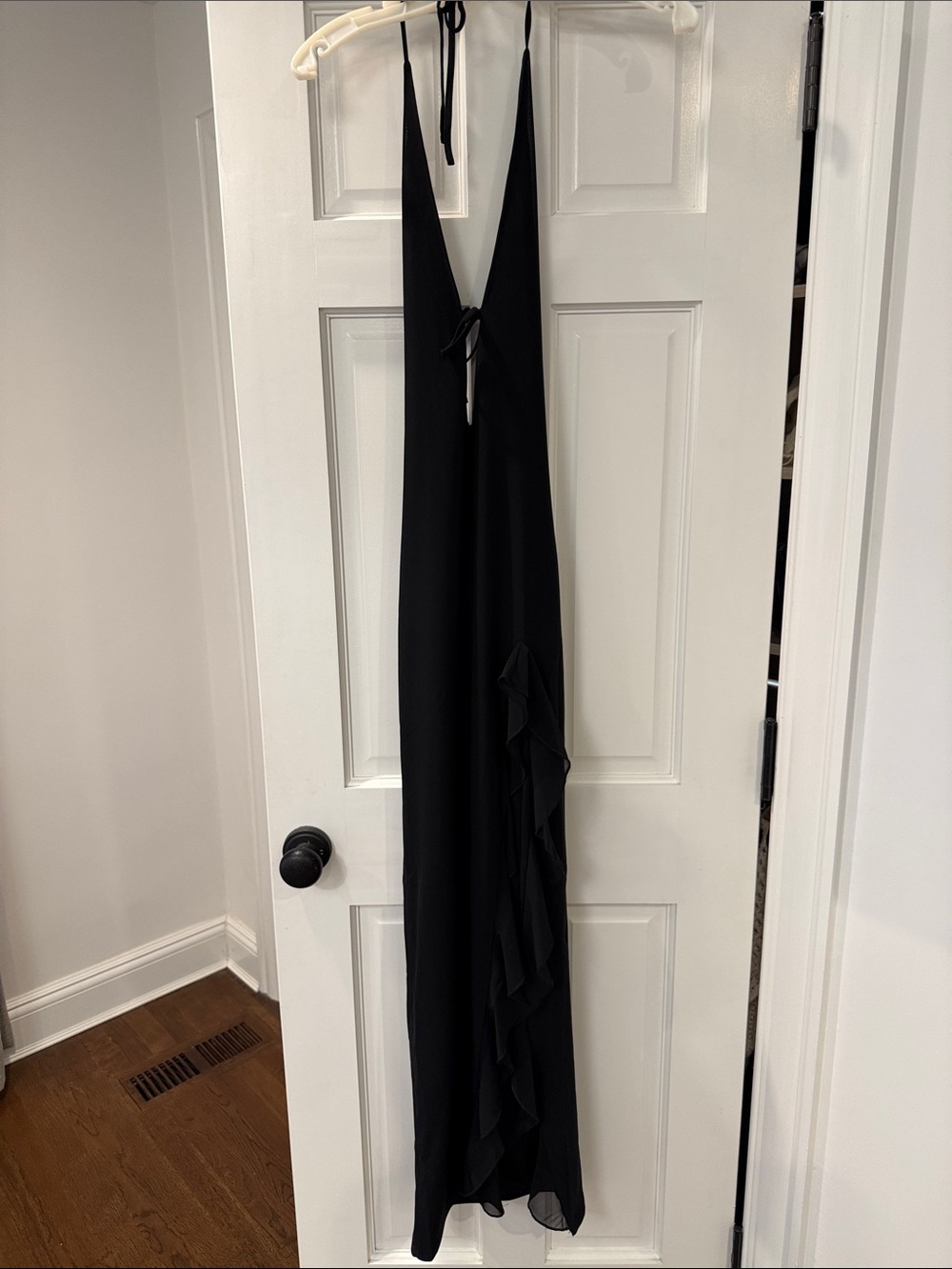 White Fox Boutique Black Backless Halter Maxi Dress with Ruffle Trim